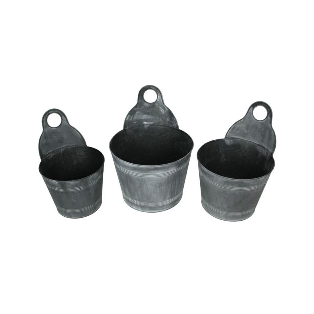 Set of 3 Charcoal Gray Finish Metal Bucket Style Hangable Planters